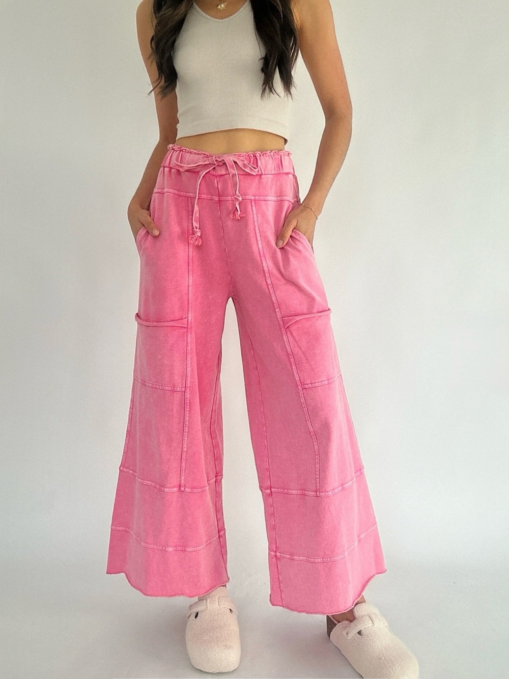 NWT: Easel Feeling So Good Mineral Washed Terry Knit Wide Leg Pants• Medium